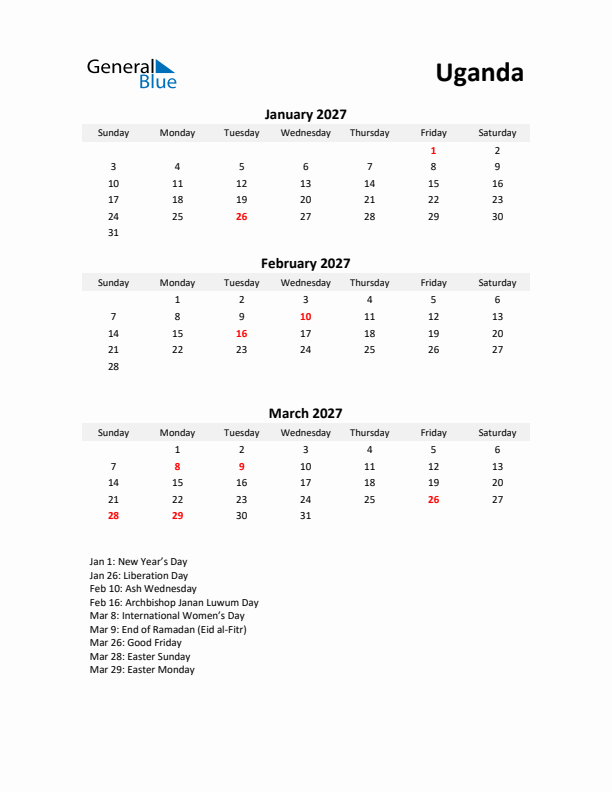 Printable Quarterly Calendar with Notes and Uganda Holidays- Q1 of 2027