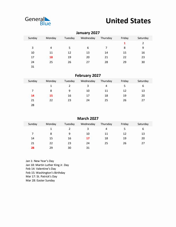 Printable Quarterly Calendar with Notes and United States Holidays- Q1 of 2027