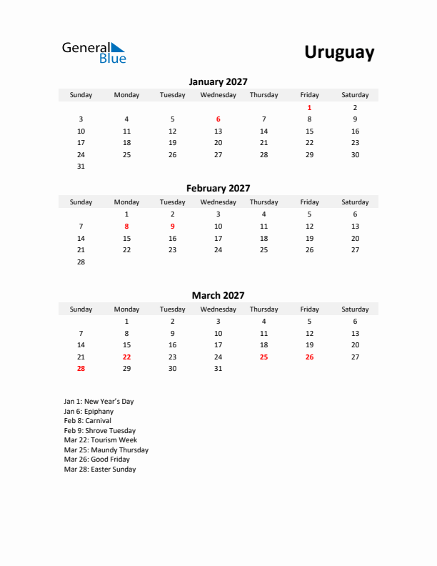 Printable Quarterly Calendar with Notes and Uruguay Holidays- Q1 of 2027