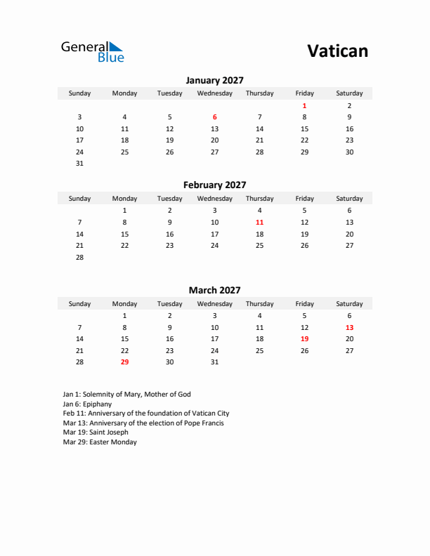 Printable Quarterly Calendar with Notes and Vatican Holidays- Q1 of 2027