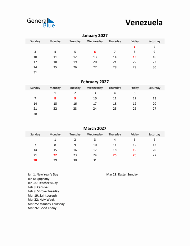 Printable Quarterly Calendar with Notes and Venezuela Holidays- Q1 of 2027