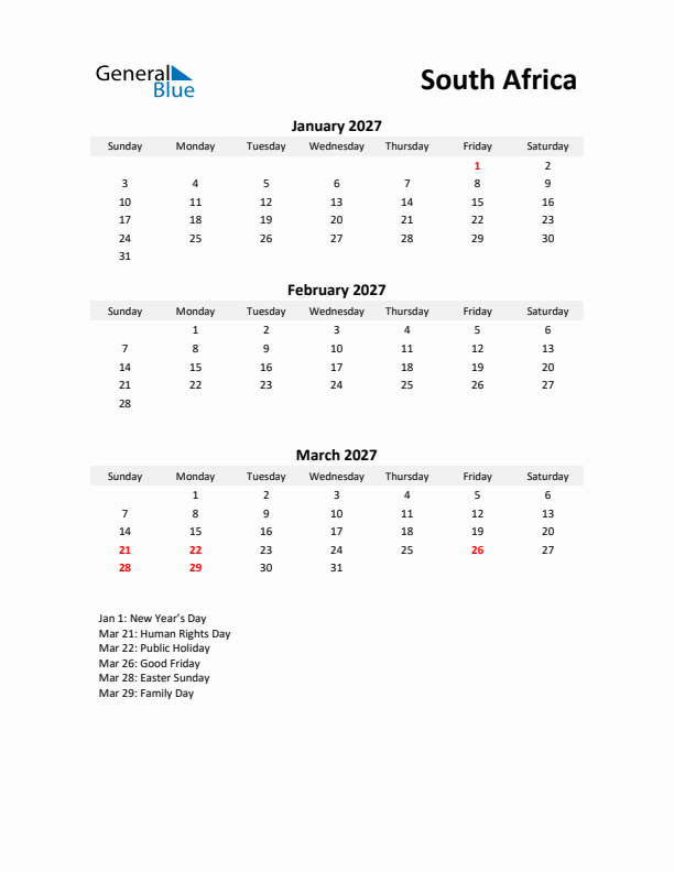 Printable Quarterly Calendar with Notes and South Africa Holidays- Q1 of 2027