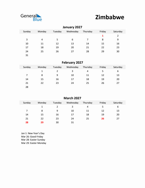 Printable Quarterly Calendar with Notes and Zimbabwe Holidays- Q1 of 2027