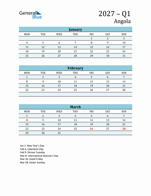 Three-Month Planner for Q1 2027 with Holidays - Angola