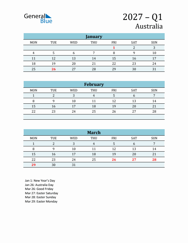 Three-Month Planner for Q1 2027 with Holidays - Australia