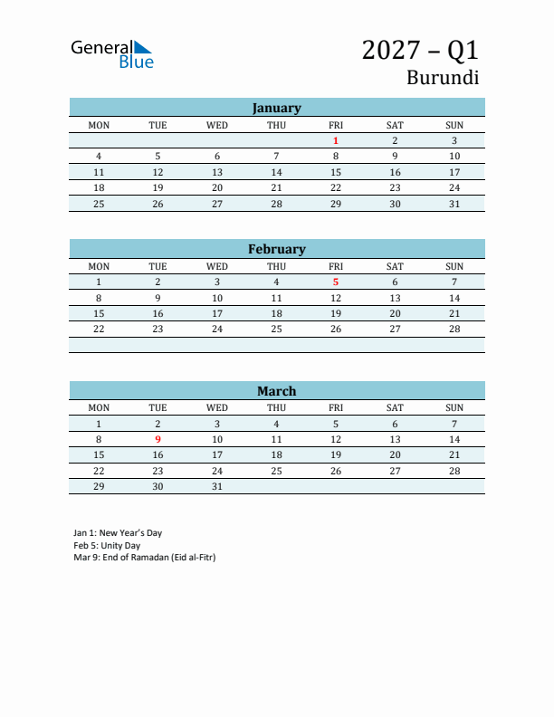 Three-Month Planner for Q1 2027 with Holidays - Burundi