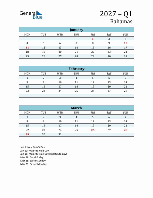 Three-Month Planner for Q1 2027 with Holidays - Bahamas