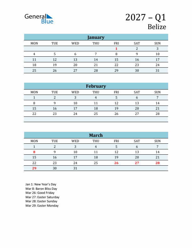 Three-Month Planner for Q1 2027 with Holidays - Belize