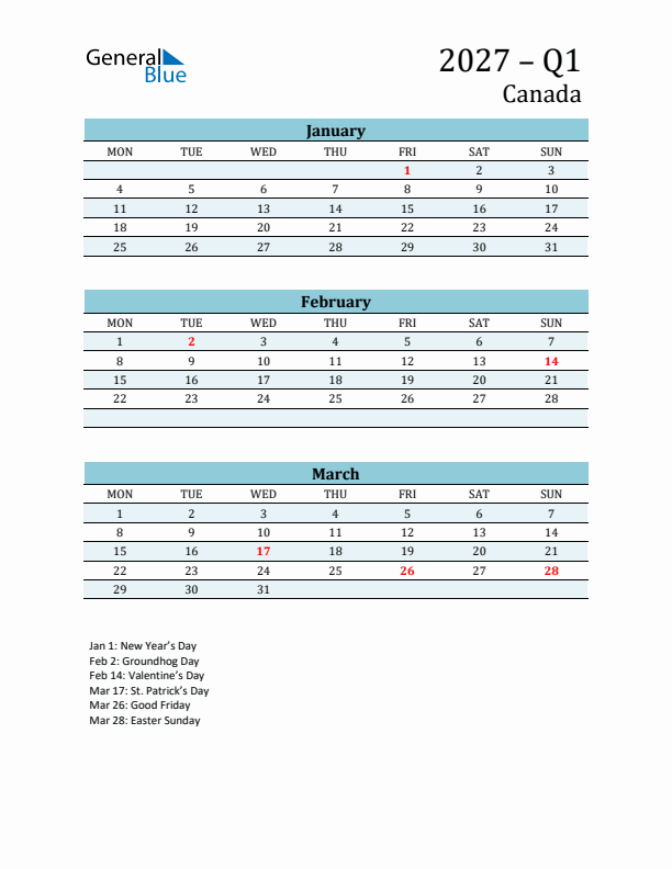 Three-Month Planner for Q1 2027 with Holidays - Canada