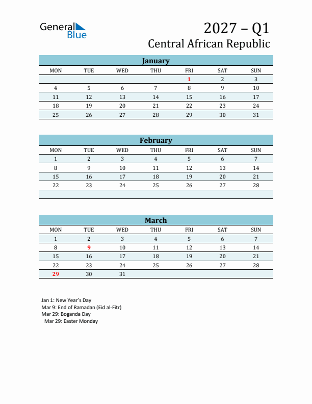 Three-Month Planner for Q1 2027 with Holidays - Central African Republic