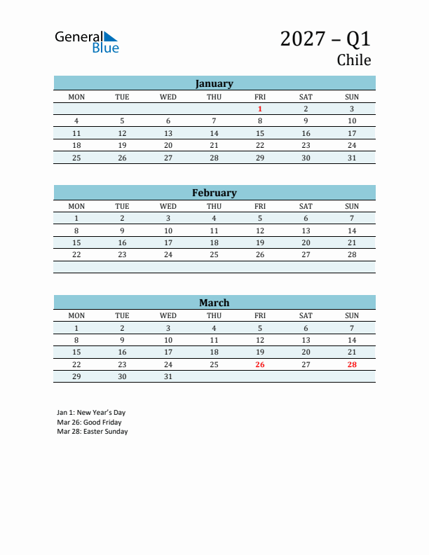 Three-Month Planner for Q1 2027 with Holidays - Chile