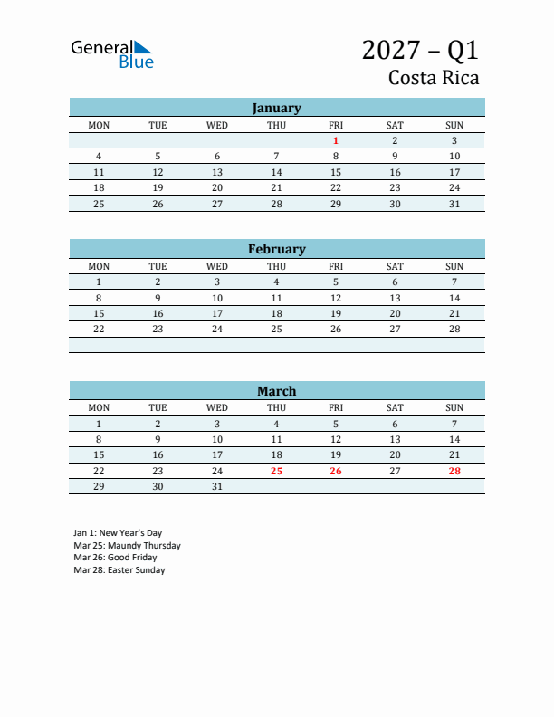 Three-Month Planner for Q1 2027 with Holidays - Costa Rica