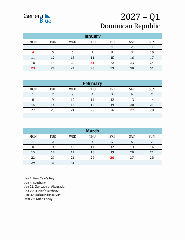 Three-Month Planner for Q1 2027 with Holidays - Dominican Republic