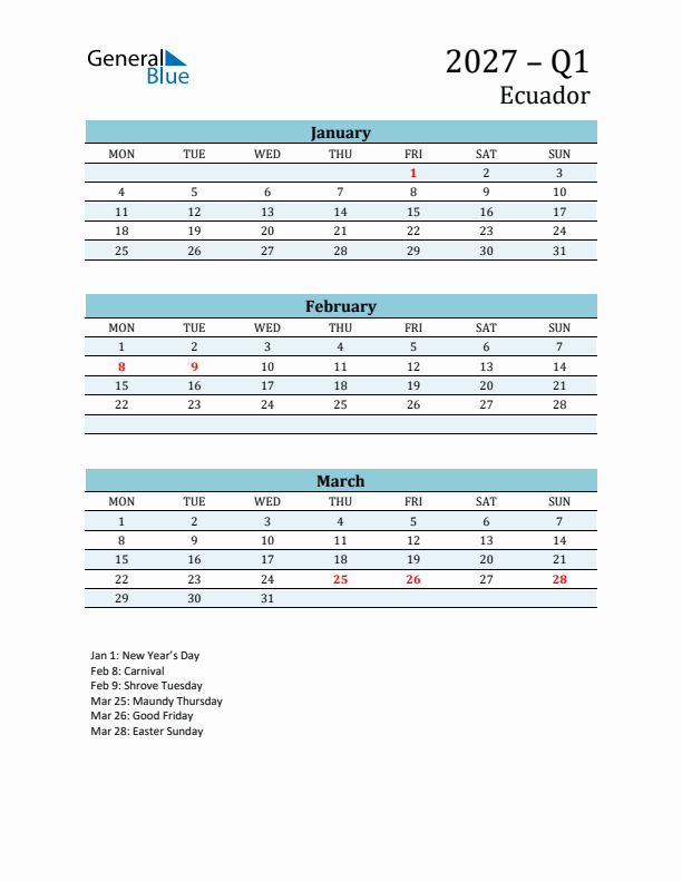 Three-Month Planner for Q1 2027 with Holidays - Ecuador