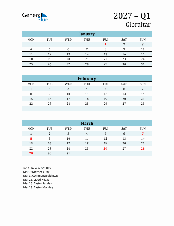 Three-Month Planner for Q1 2027 with Holidays - Gibraltar