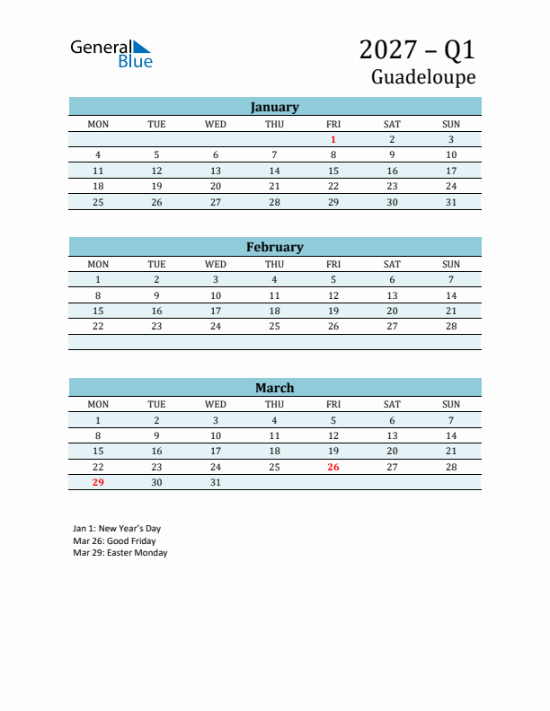 Three-Month Planner for Q1 2027 with Holidays - Guadeloupe