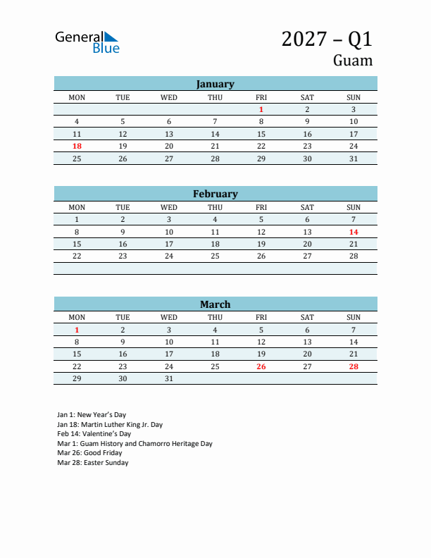 Three-Month Planner for Q1 2027 with Holidays - Guam