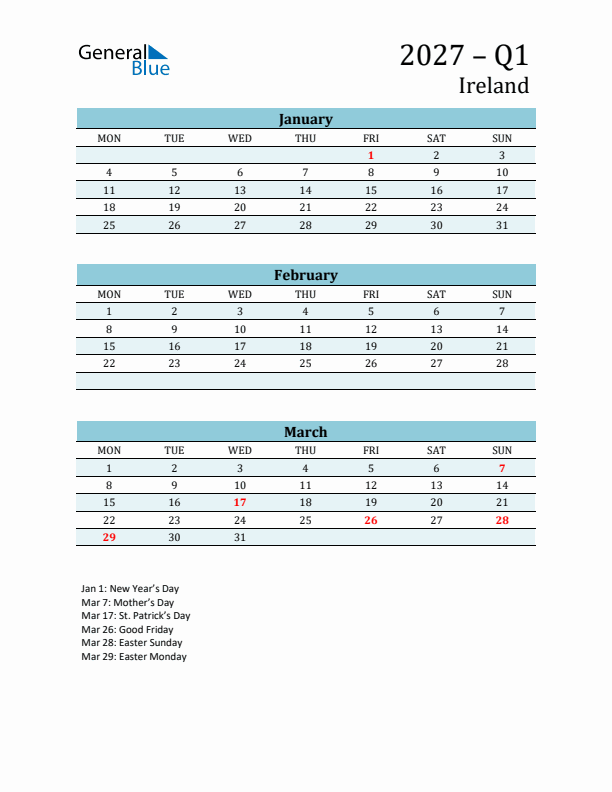 Three-Month Planner for Q1 2027 with Holidays - Ireland