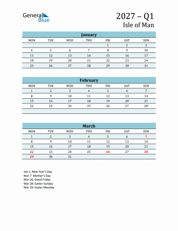 Three-Month Planner for Q1 2027 with Holidays - Isle of Man