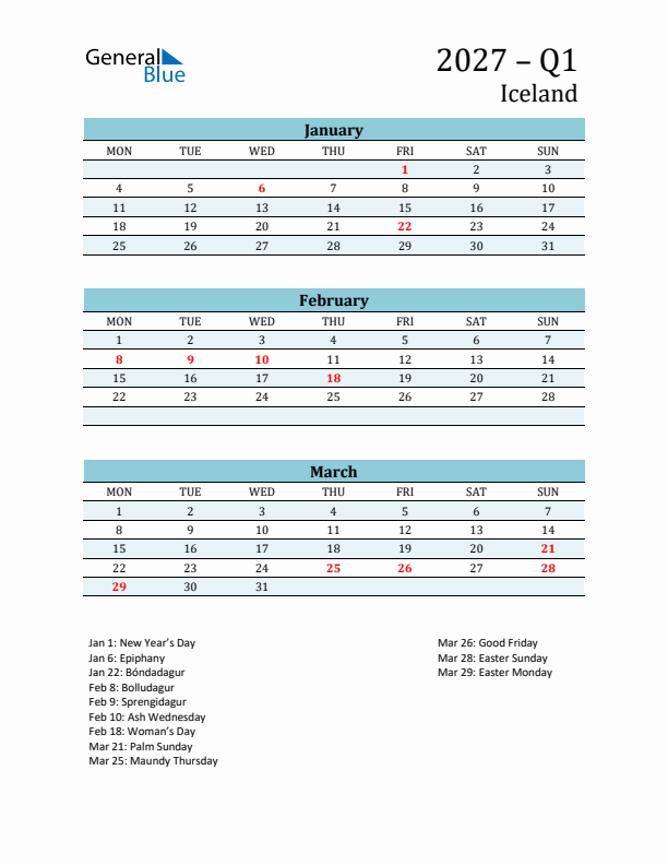 Three-Month Planner for Q1 2027 with Holidays - Iceland