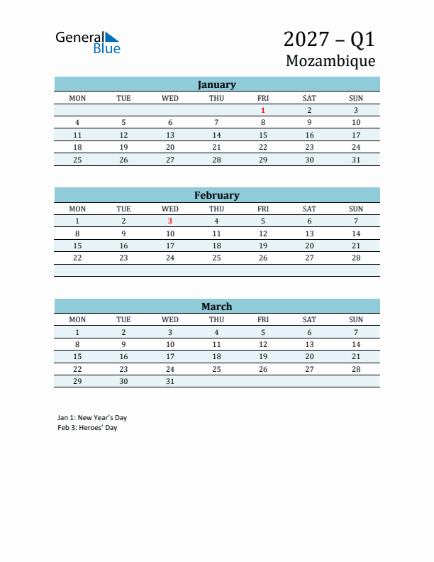 Three-Month Planner for Q1 2027 with Holidays - Mozambique