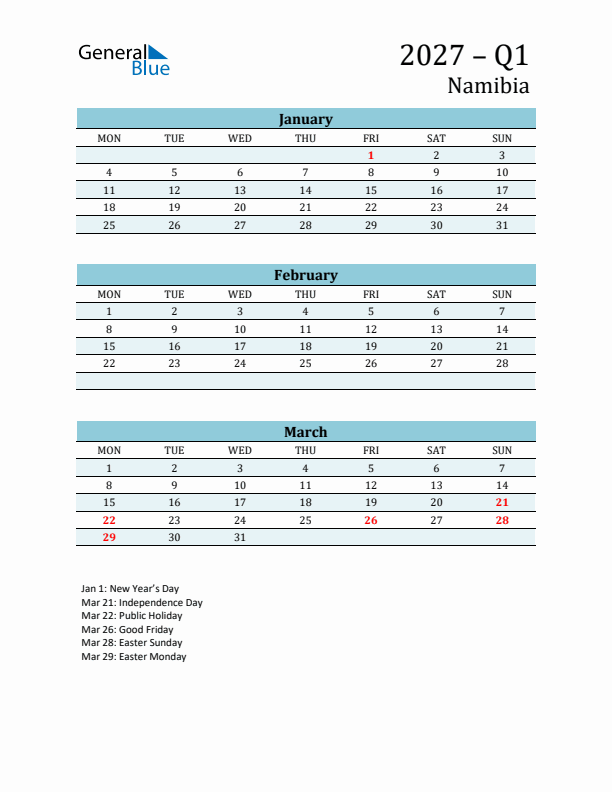 Three-Month Planner for Q1 2027 with Holidays - Namibia