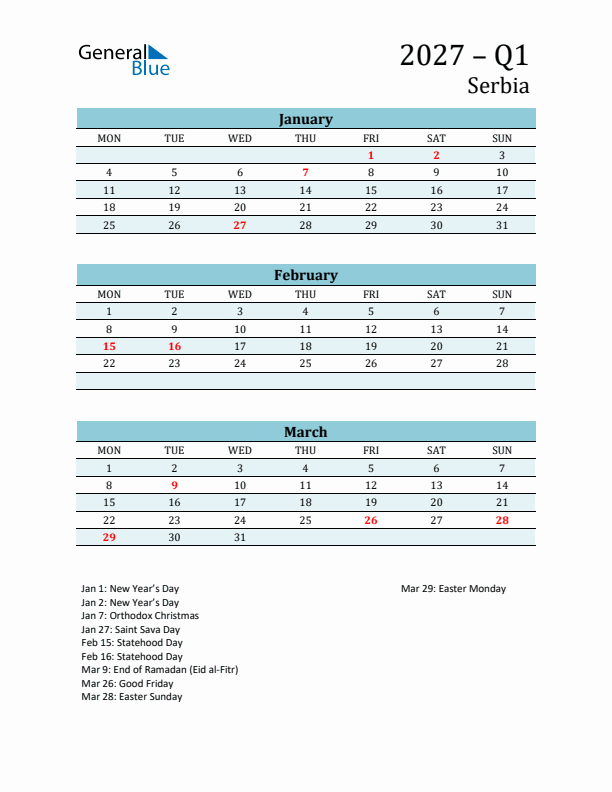 Three-Month Planner for Q1 2027 with Holidays - Serbia