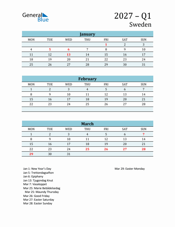 Three-Month Planner for Q1 2027 with Holidays - Sweden