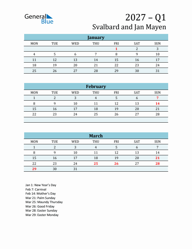 Three-Month Planner for Q1 2027 with Holidays - Svalbard and Jan Mayen