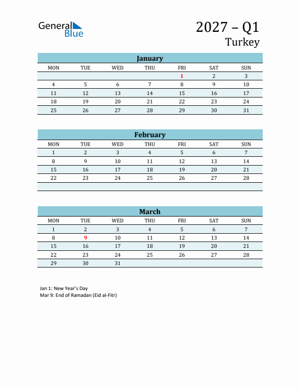 Three-Month Planner for Q1 2027 with Holidays - Turkey