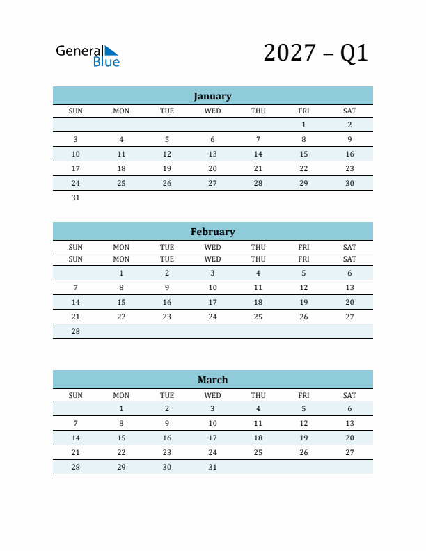 January, February, and March 2027 Calendar