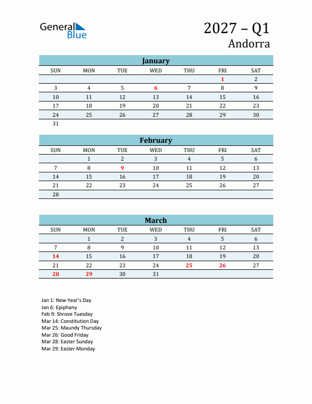 Three-Month Planner for Q1 2027 with Holidays - Andorra