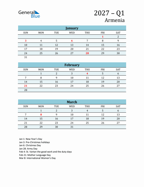 Three-Month Planner for Q1 2027 with Holidays - Armenia