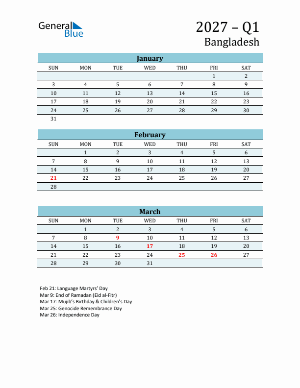 Three-Month Planner for Q1 2027 with Holidays - Bangladesh