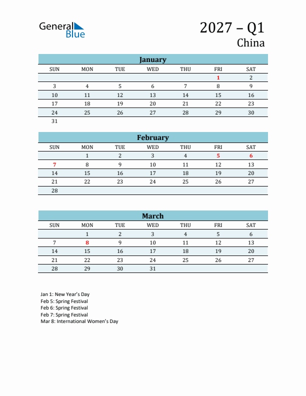 Three-Month Planner for Q1 2027 with Holidays - China