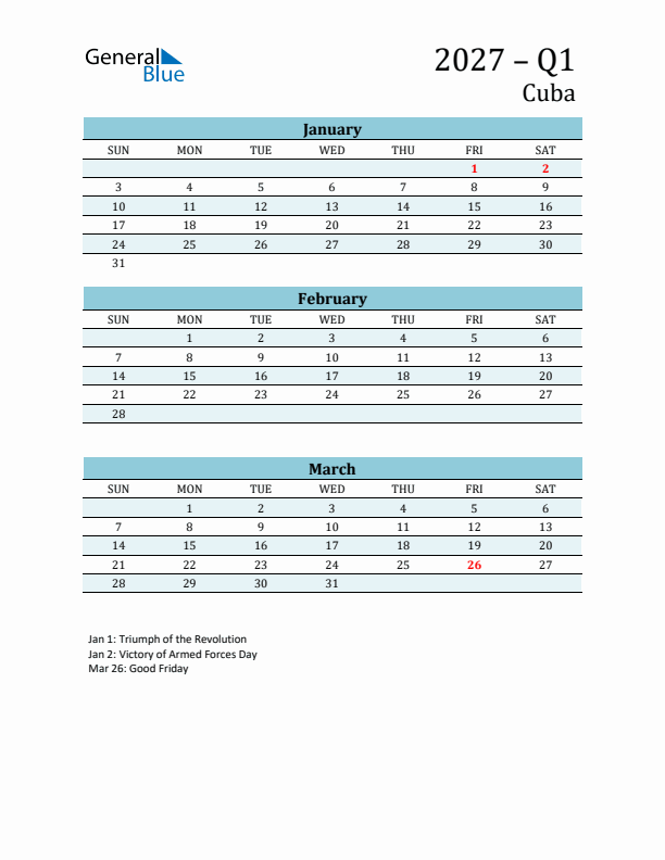 Three-Month Planner for Q1 2027 with Holidays - Cuba