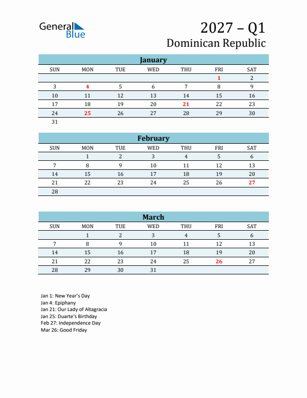 Three-Month Planner for Q1 2027 with Holidays - Dominican Republic