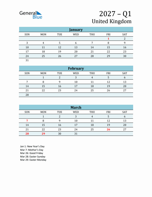 Three-Month Planner for Q1 2027 with Holidays - United Kingdom