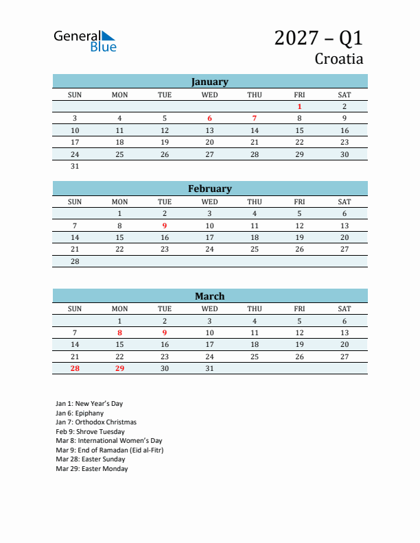 Three-Month Planner for Q1 2027 with Holidays - Croatia