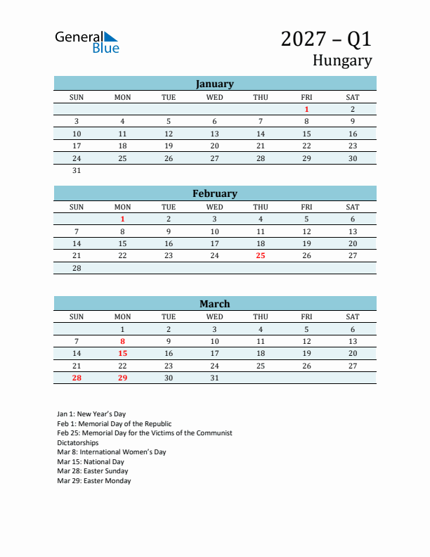 Three-Month Planner for Q1 2027 with Holidays - Hungary