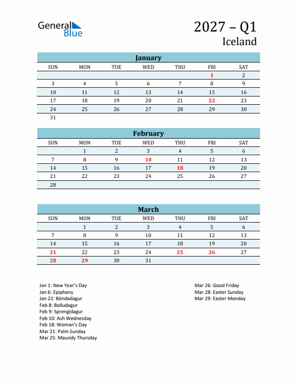 Three-Month Planner for Q1 2027 with Holidays - Iceland