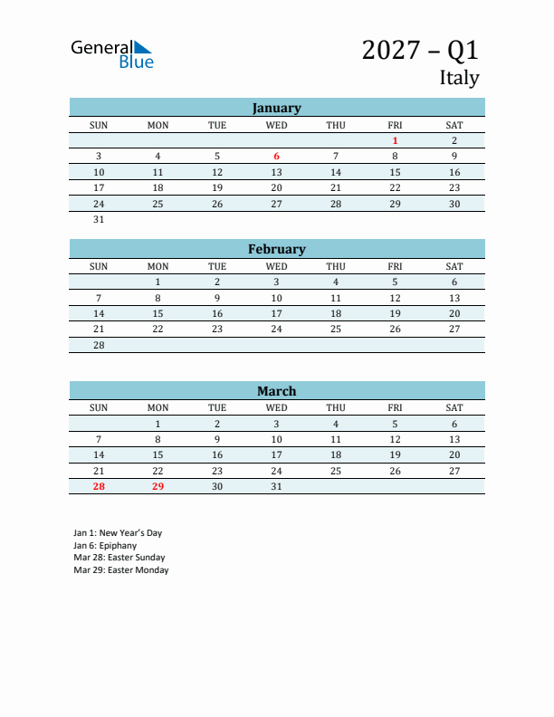 Three-Month Planner for Q1 2027 with Holidays - Italy