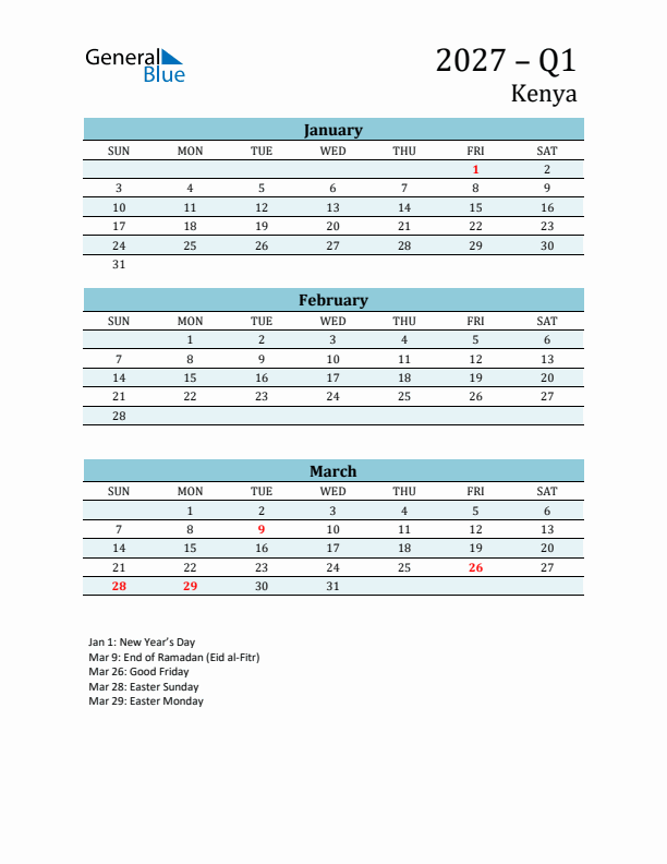 Three-Month Planner for Q1 2027 with Holidays - Kenya