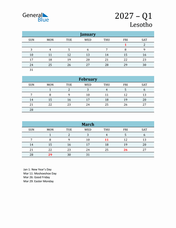 Three-Month Planner for Q1 2027 with Holidays - Lesotho