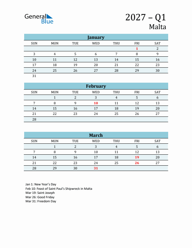 Three-Month Planner for Q1 2027 with Holidays - Malta