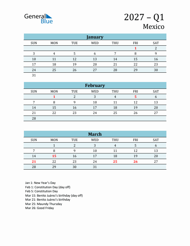 Three-Month Planner for Q1 2027 with Holidays - Mexico