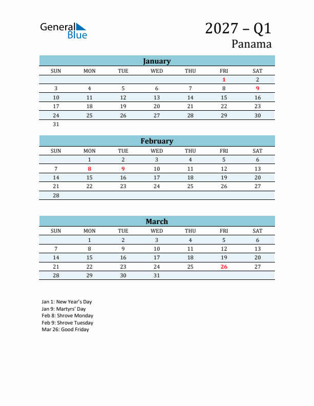 Three-Month Planner for Q1 2027 with Holidays - Panama