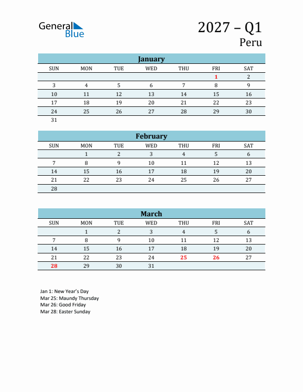 Three-Month Planner for Q1 2027 with Holidays - Peru