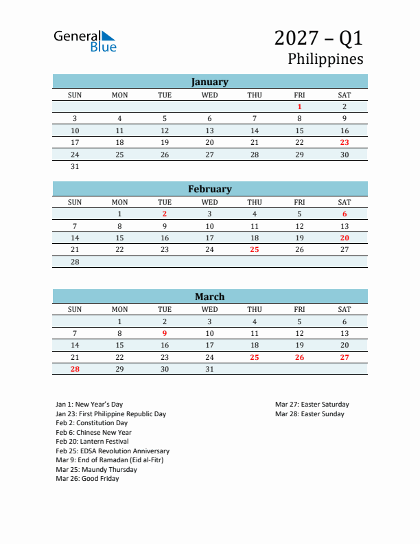 Three-Month Planner for Q1 2027 with Holidays - Philippines