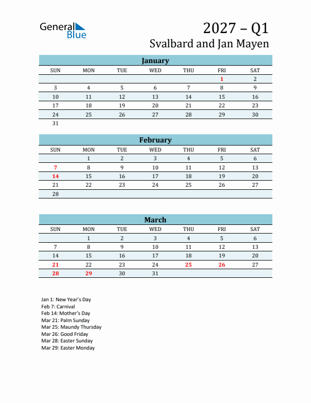 Three-Month Planner for Q1 2027 with Holidays - Svalbard and Jan Mayen